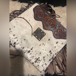 Lv Cowhide Fringe Tote with Turquoise and Brown Accents